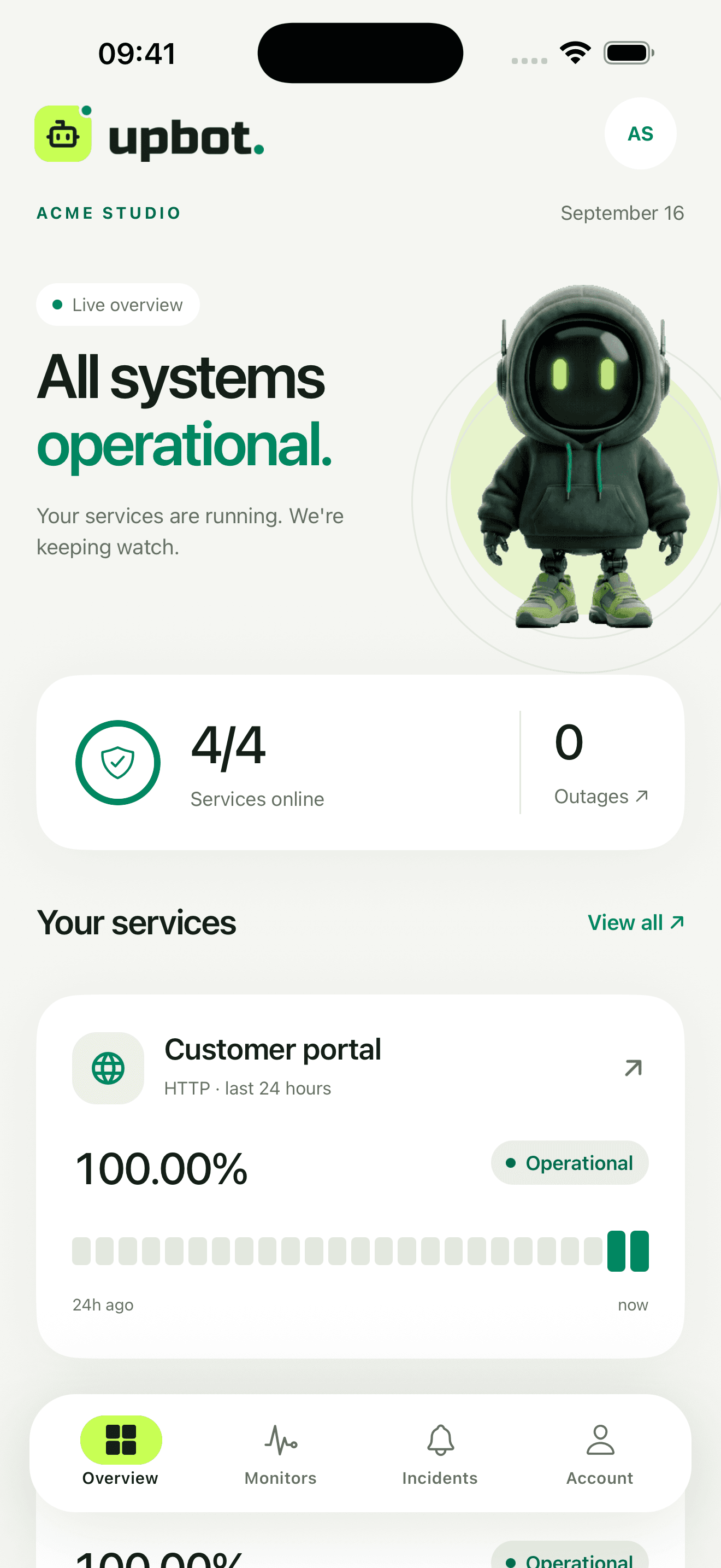 Prehľad mobilnej aplikácie UpBot so stavom služieb a dostupnosťou monitora